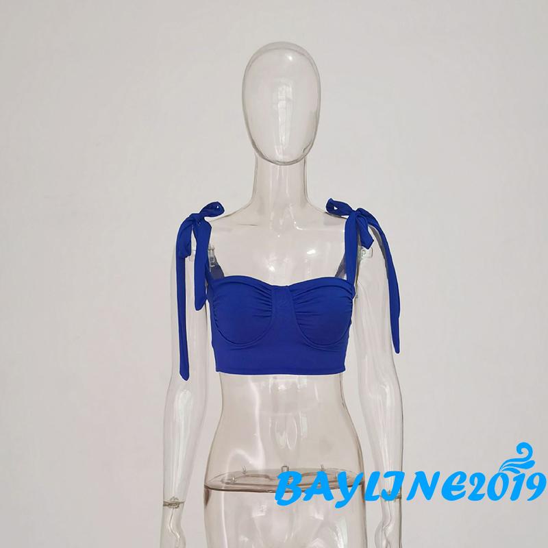 Bay-female Áo Croptop Không Tay Màu Trơn Buộc Dây Thấp Mùa Hè Màu Đen / Trắng / Đỏ / Xanh Dương S / M / L