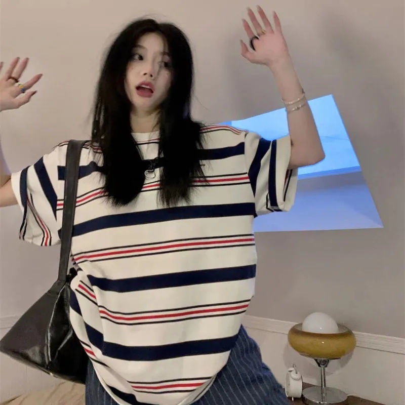 Jiashucheng Áo Thun Tay Ngắn Cổ Tròn Họa Tiết Kẻ Sọc Phong Cách Hong Kong Thời Trang Cho Nữ