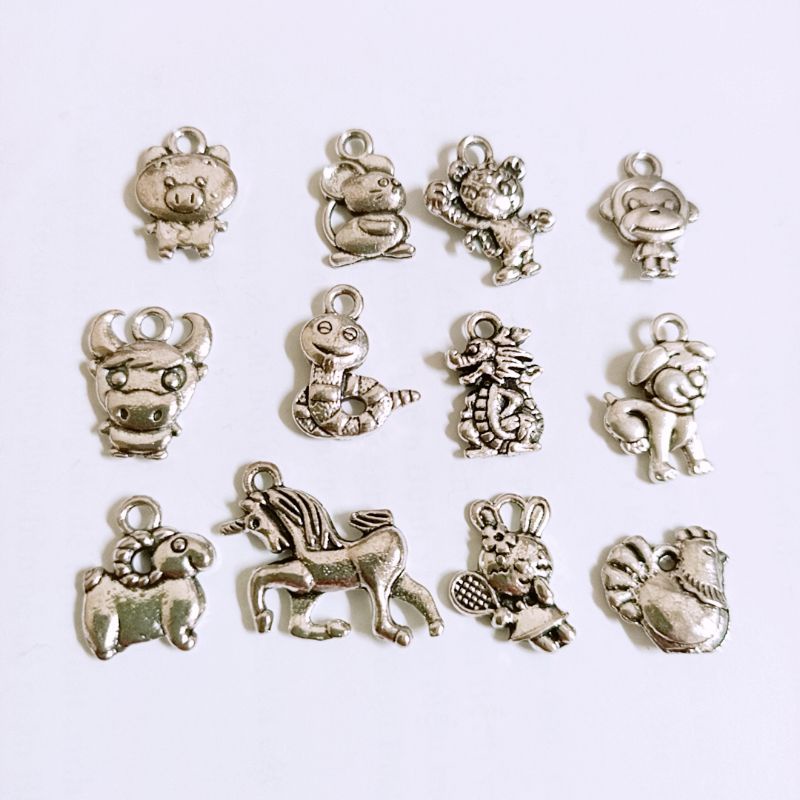 Bộ mặt charm 12 con giáp xi trắng làm vòng tay, dây chuyền, phụ kiện handmade...