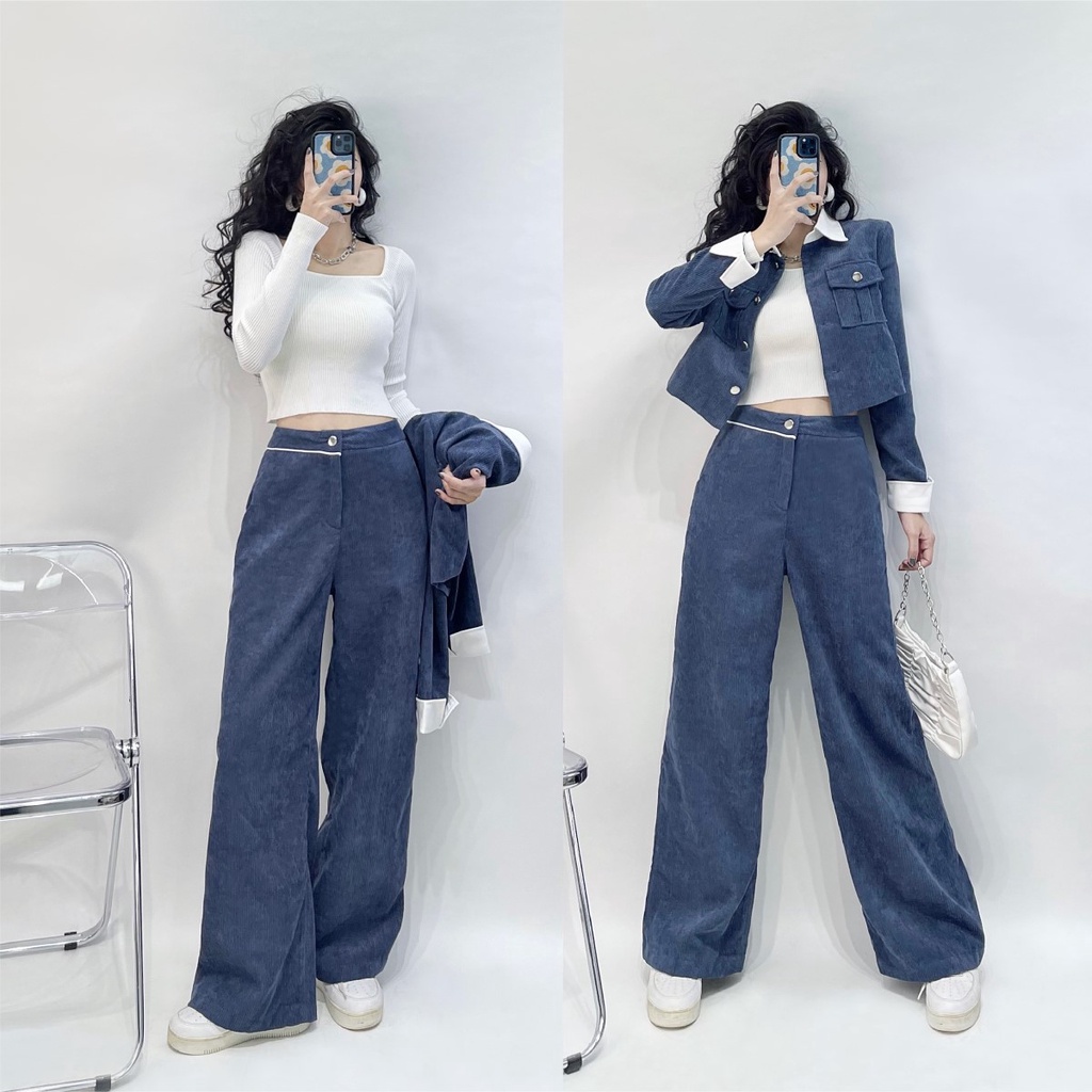 Set bộ nhung nữ thời trang Delys áo khoác nhung phối cổ sơ mi dáng ngắn & quần nhung form suông chất dày dặn