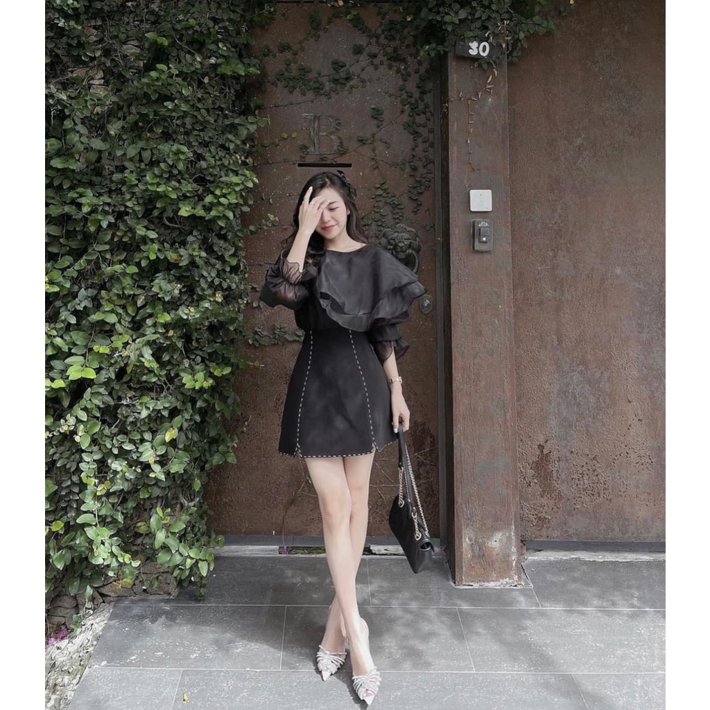 SET Áo voan tơ cổ bèo tầng tay phồng kèm Chân váy lót ren trắng/đen NÀNG CLOSET