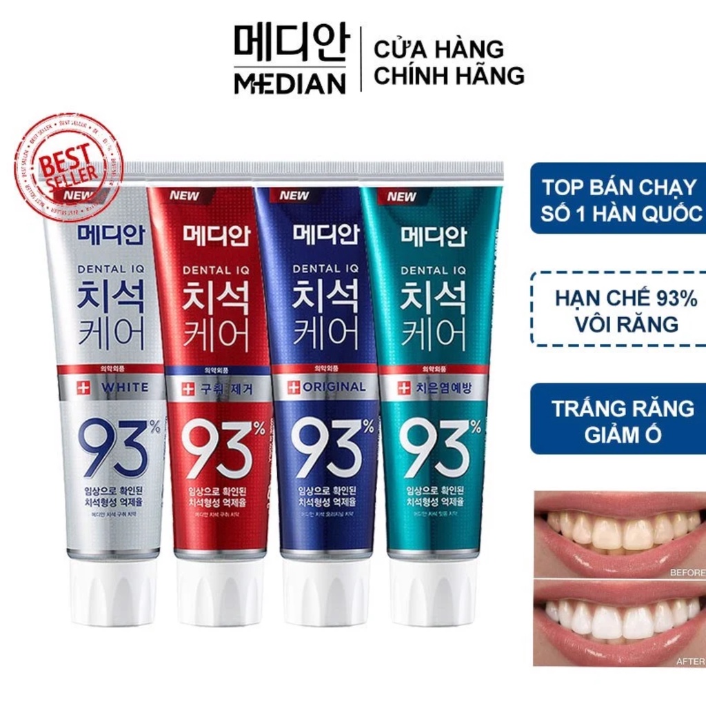Kem Đánh Răng Hàn Quốc Trắng Răng Median Dental IQ 93% Breath Care Hương Chanh 120g - Xanh Biển