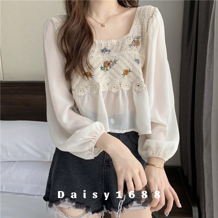 Áo Kiểu Basic Phối Voan Dài Tay Thanh Lịch Cho Nữ, Có Sẵn Daisy1688