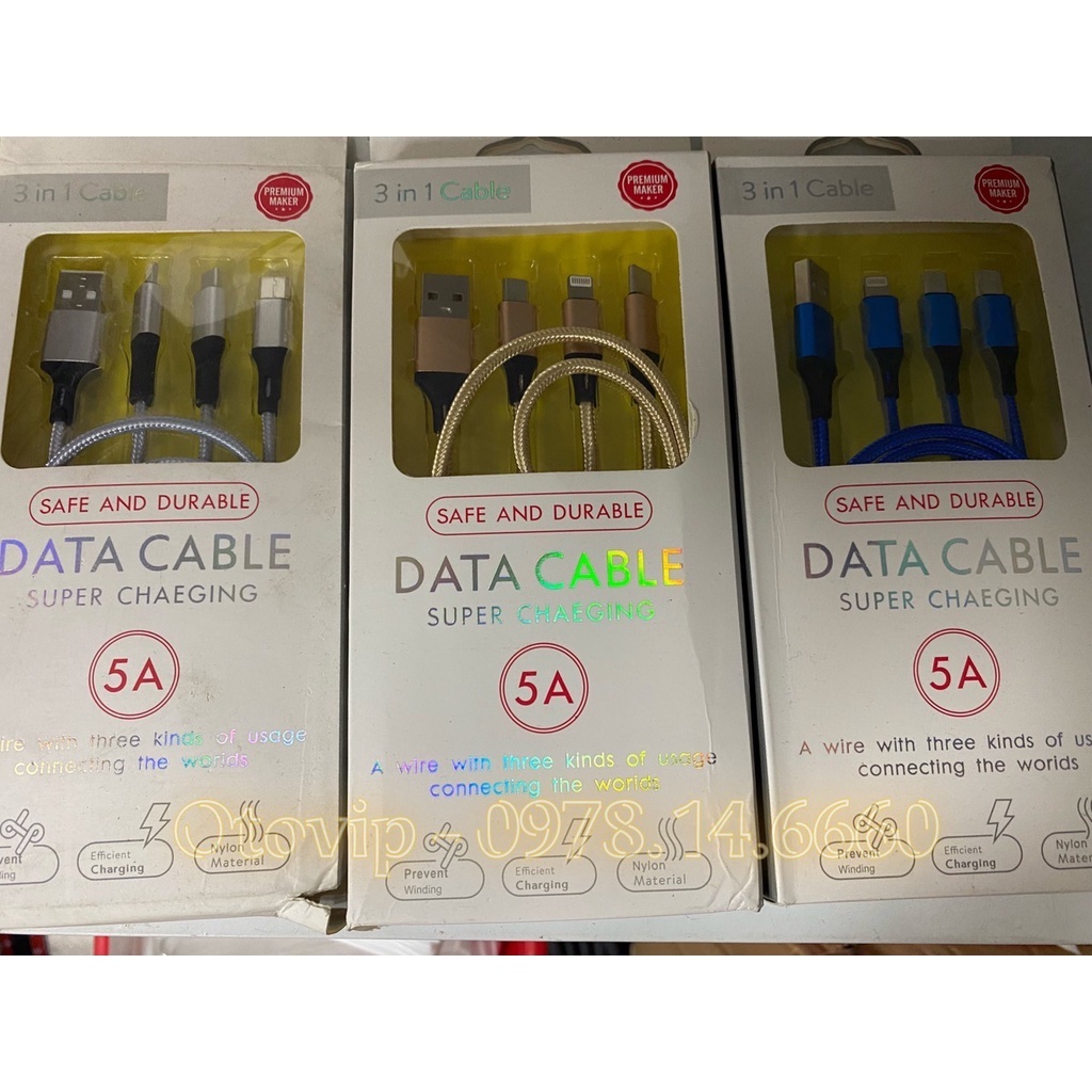 Dây sạc 5A  cáp dù dài 1m- dây cáp sạc  3in1 Có Thể Sạc Cùng Lúc 3 Thiết Bị
