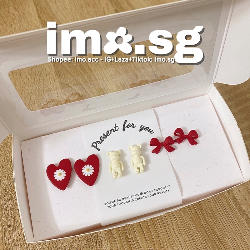 HỘP QUÀ Tặng BÔNG TAI đỏ đỏ dễ thương imo.sg tim hoa nơ gấu trắng cho bạn gái sinh nhật dịp lễ phong cách hàn ulzzang