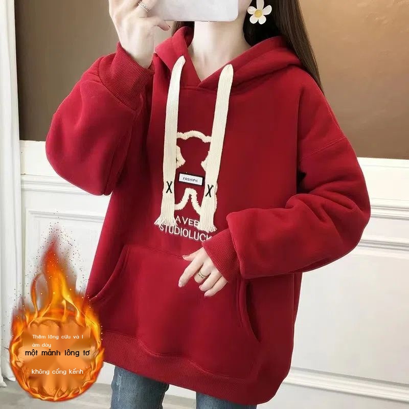Áo Hoodie Dáng Rộng25% Vải Lông Cừu In Hình Gấu Phong Cách Hàn Quốc Thời Trang Thu Đông Hàng Mới
