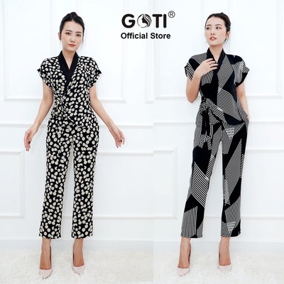 GOTI – Set Nguyên Bộ Kiểu Áo Cổ Đắp Chéo Quần Ống Suông In Hoạ Tiết - Thời Trang Công Sở Nữ 3366