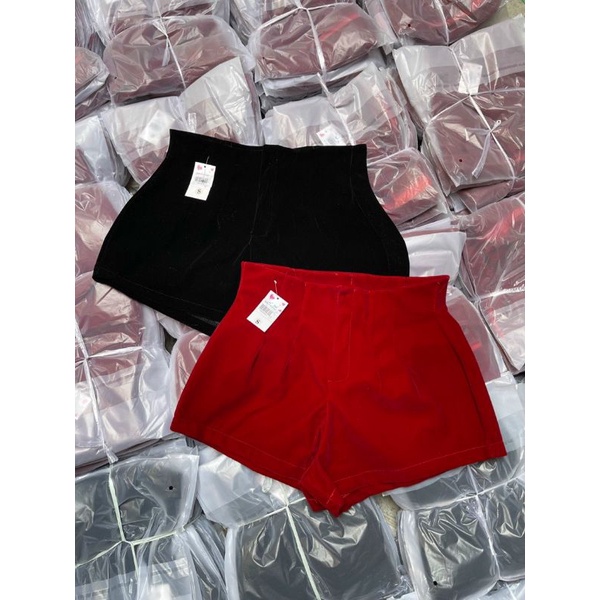 Quần short nhung cạp cao khoá kéo sau hack dáng