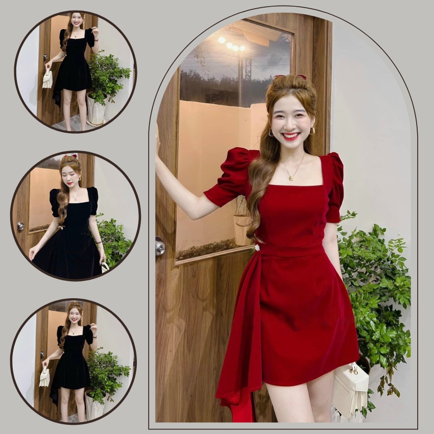 Đầm váy nhung phối bèo cô vuông sành điệu, đầm dự tiệc cao cấp siêu hót
