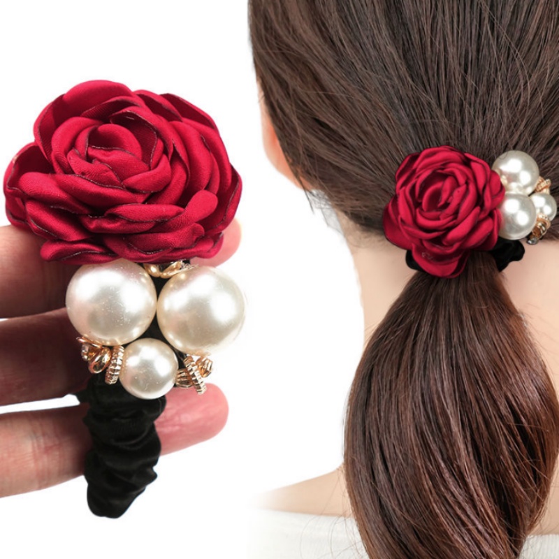Dây Cột Tóc Cao Su Co Giãn Đính Hoa Hồng Và Ngọc Trai Phong Cách Hàn Quốc Cho Nữ