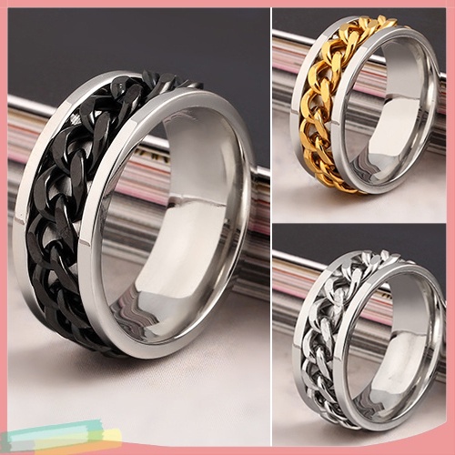 Nhẫn đeo ngón tay thép không gỉ phối chuỗi xích màu trơn thời trang dành cho cả nam và nữ