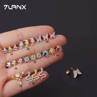 Khuyên xỏ tai 7UANX chất liệu thép không gỉ đính đá zircon nhiều màu mới