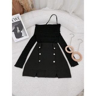 SET ÁO ĐEN CHÉO CHÂN VÁY NÚT ĐỒNG