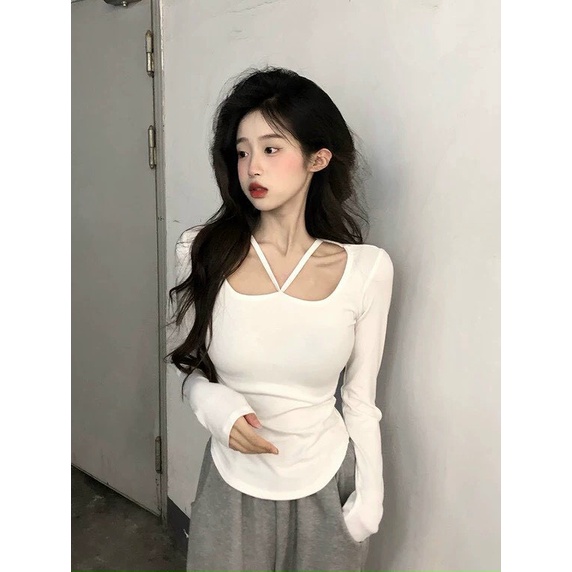 Áo thun dài tay cổ dây chéo kiểu hot girl ulzzang