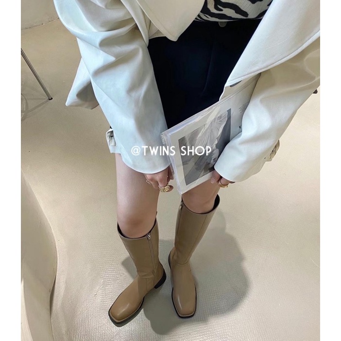 HÌNH THẬT Boots đùi nữ đứng form boots trà sữa mũi vuông