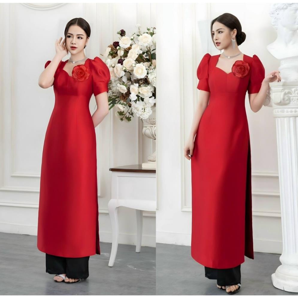 Set bộ áo dài đỏ hoa ngực siêu sang - Mua bộ áo dài tay phồng mặc tết