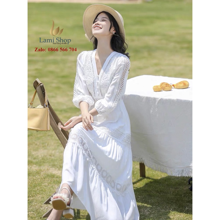( Mẫu mới ) Váy maxi trắng dài tay đi biển cao cấp 2023