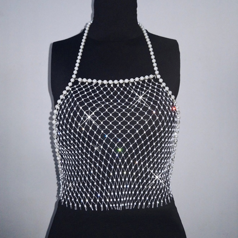 Áo Croptop Lưới Hở Lưng Đính Đá Và Ngọc Trai Thời Trang Dự Tiệc Cho Nữ