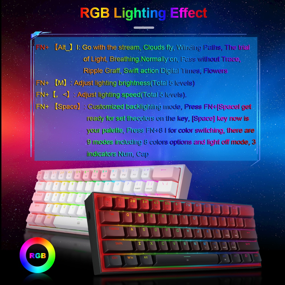 Bàn phím cơ Game Redragon Fizz K617RGB-PW Mini Kèm Dây Cáp 61 Có Thể Tháo Rời