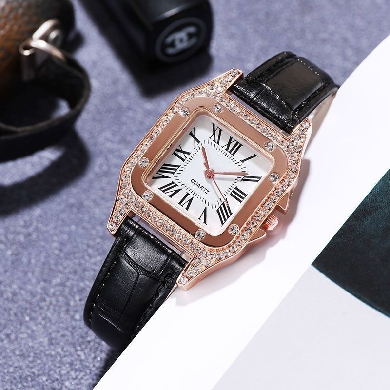 Đồng Hồ Quartz Nữ Mặt Vuông Đính Hột Xoàn Dây Da Thời Trang
