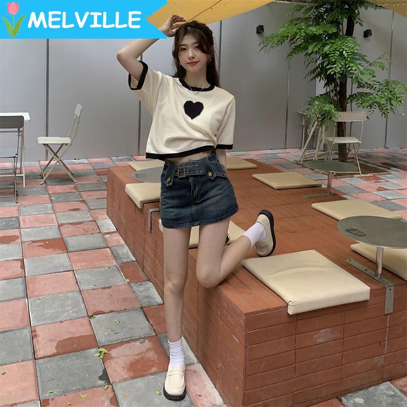 MELVILLE Áo Thun Dệt Kim Tay Ngắn Dáng Rộng Thêu Hình Trái Tim Màu Trắng Đen Thời Trang Mùa Hè 2023 Dành Cho Bạn Nữ