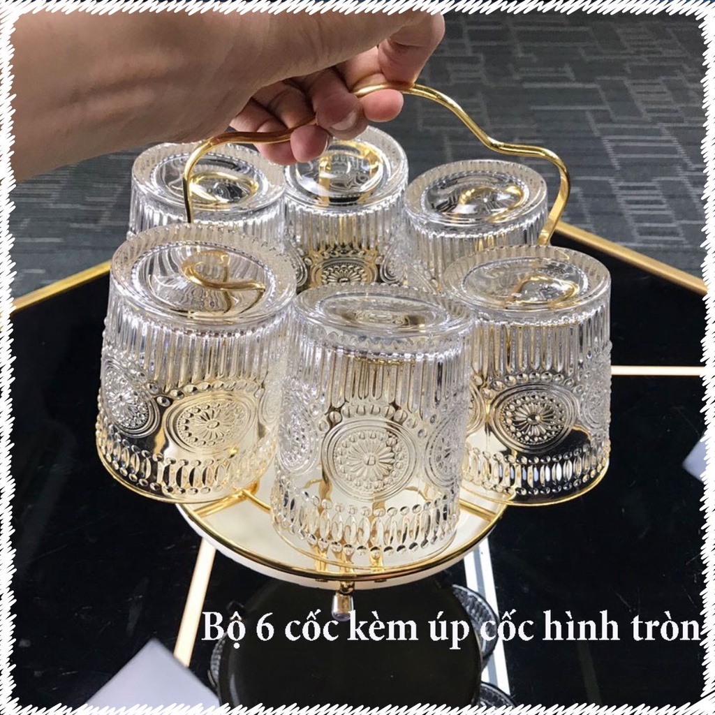 Combo 6 cốc uống nước thủy tinh chịu nhiệt cao cấp kèm giá úp, vân dập kiểu Nhật, chọn theo combo
