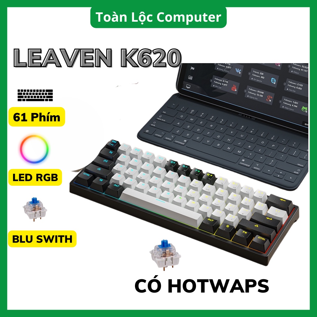 Bàn phím cơ gaming LEAVEN K620 Led RGB 61 phím blue swith có Hotwaps chơi game dùng văn phòng siêu đẹp | BigBuy360 - bigbuy360.vn