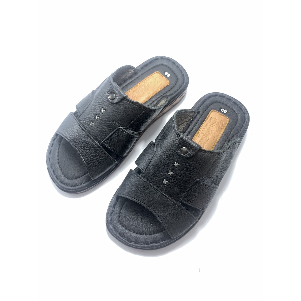 Dép nam da bò 3 quai xẻ rãnh , khâu chỉ 3 dấu nhân , khâu chỉ chắc chắn , 2 màu đen và bò , Q
