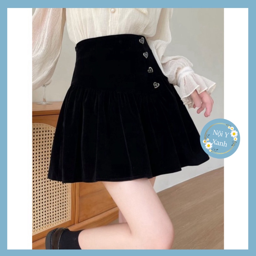 Chân váy nữ xòe nhung kèm theo khuy con tim hotrend xa hoa CV82 Nội Y Xanh hot trend thu đông ấm áp