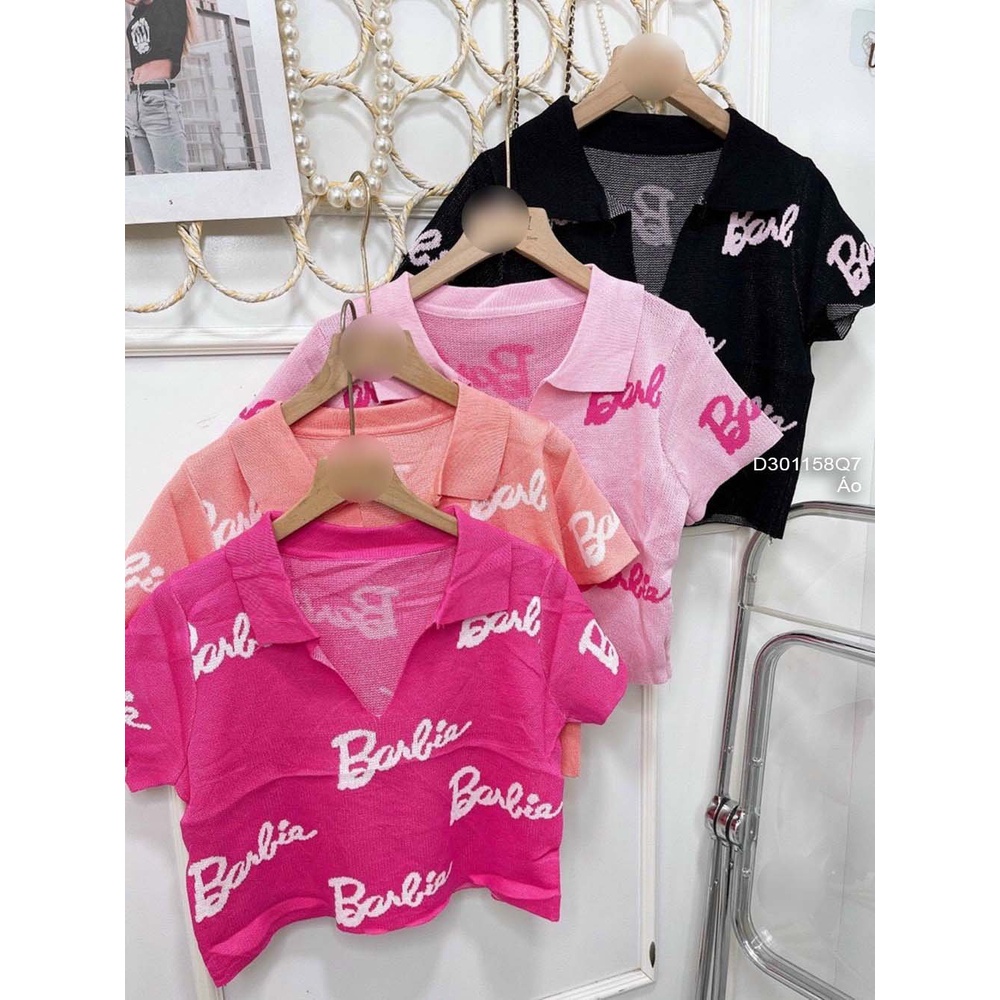 Áo len croptop họa tiết chữ barbie cổ bẻ tay con hàng QC