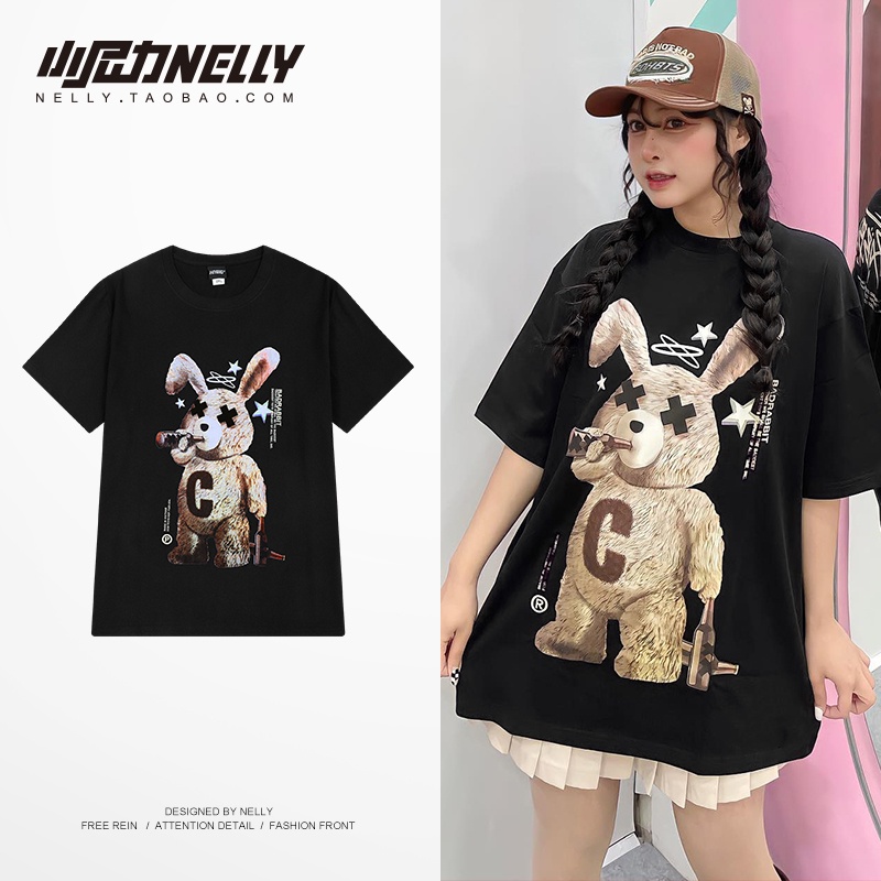 NELLY Áo Thun Cotton Tay Ngắn Dáng Rộng In Hình Thỏ Cho Nam Và Nữ, Cặp Đôi 9955