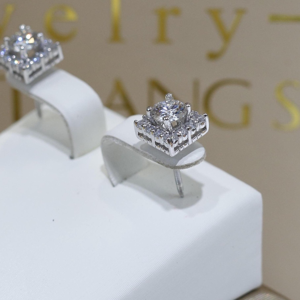 Khuyên Tai Xi Kim Vuông Viền Tấm Đá Moissanite KHJEM07 - Chốt Vặn