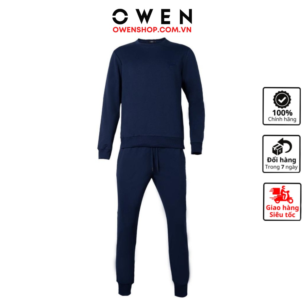 Bộ đồ đồ thu đông nam OWEN BMN221187 mặc nhà màu navy vải thun cvc dáng suông áo dài tay cổ tròn quần cạp chun bo gấu