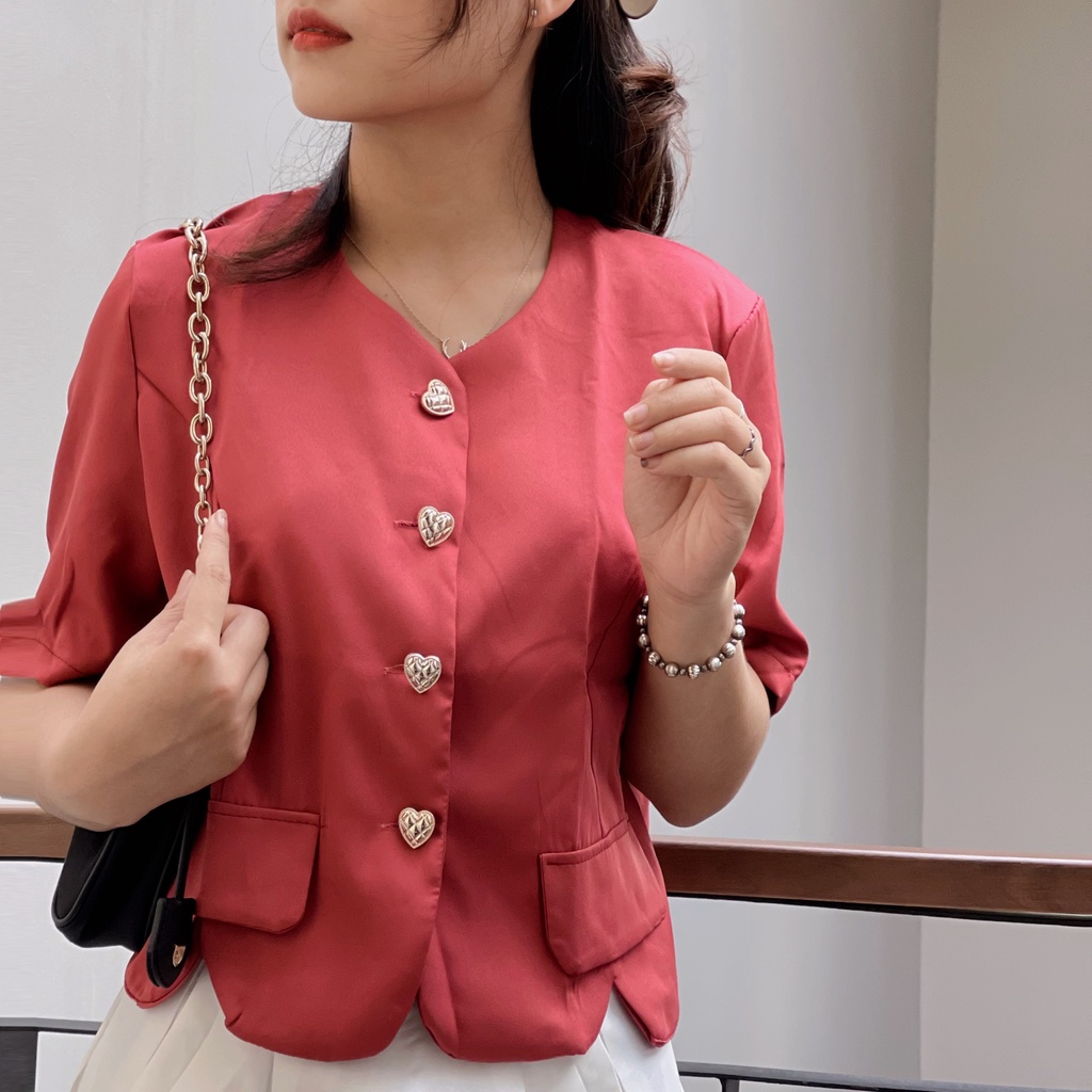 (HÀNG SẴN) Áo sơmi dáng croptop tay lở - Áo Khoác phối nút đồng &amp; túi giả xinh xắn mặc được nhiều kiểu