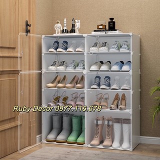 TỦ NHỰA ĐỂ GIÀY 2 Ô TO ĐỰNG BỐT + 8 Ô NHỎ ĐỰNG GIÀY DÉP (chia ô) VÁCH TRẮNG CỬA TRẮNG TRONG