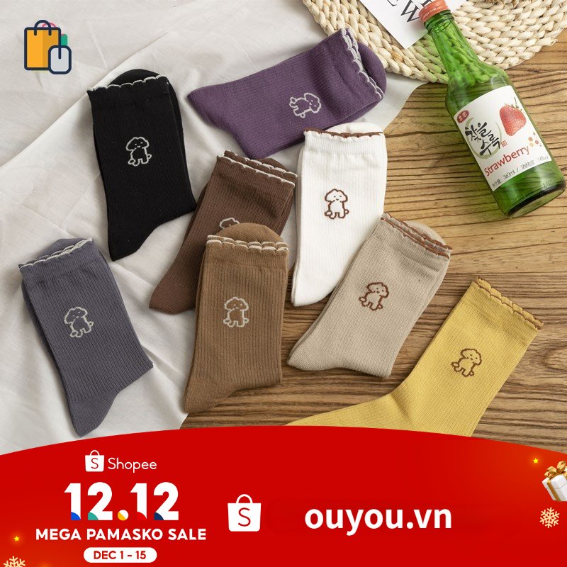 Đôi tất cotton màu trơn in hình chú cún dễ thương cho nữ