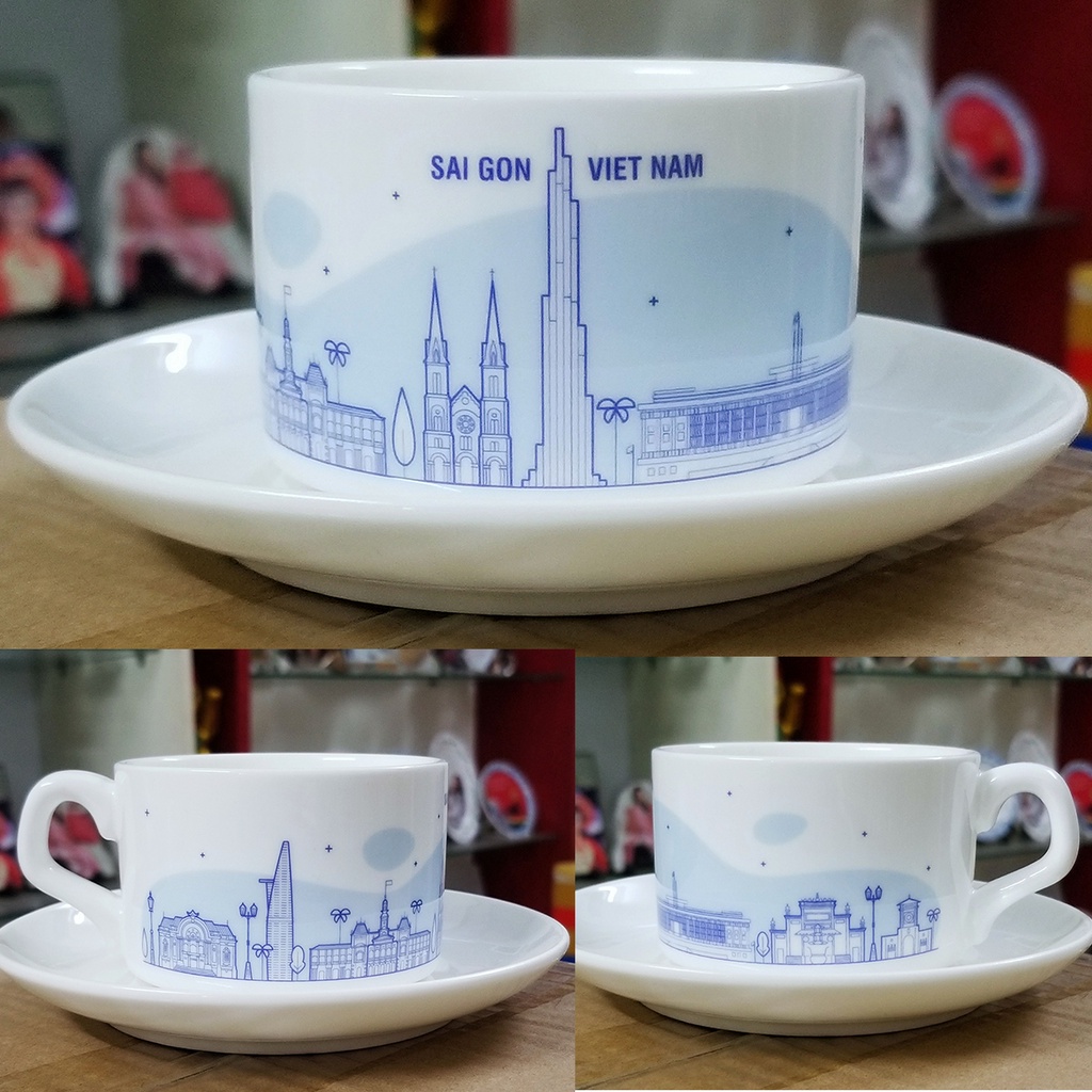 Bộ cốc ly, tách trà, cà phê bằng sứ, in hình thiết kế chủ đề kiến trúc Sài Gòn rất đẹp.