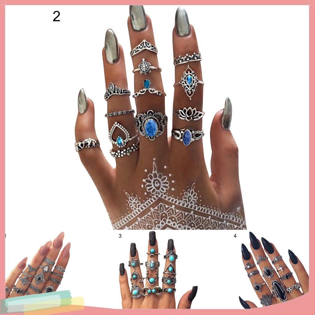 Set 11/13/15 nhẫn hợp kim màu đen đính đá nhân tạo thời trang cho nữ
