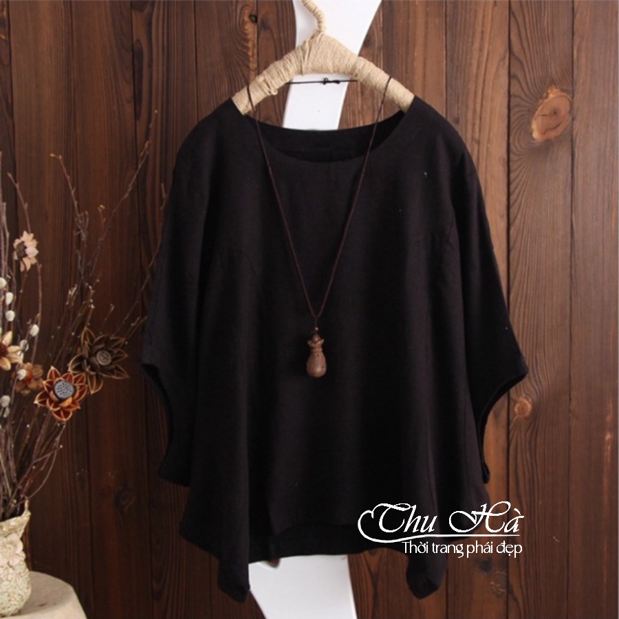 Áo cánh dơi nữ trung niên Thu Hà form rộng giấu bụng che khuyết điểm chất liệu đũi mềm nhẹ mát AKH.36