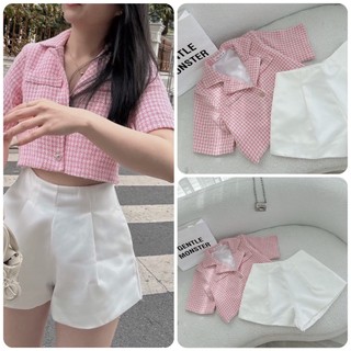 Set crop dạ caro hồng cổ vest short trắng