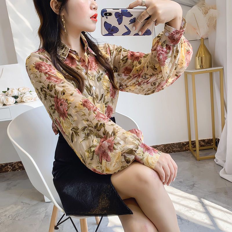 Áo Sơ Mi Chiffon Tay Dài Dáng Rộng In Họa Tiết Hoa Thời Trang Cho Nữ