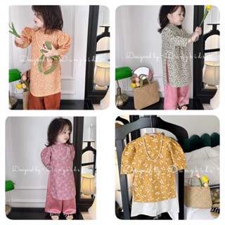 Áo dài nhung tăm hoa nhí tay bồng  cho bé yêu- Dung Kids( tặng kèm vòng ngọc)