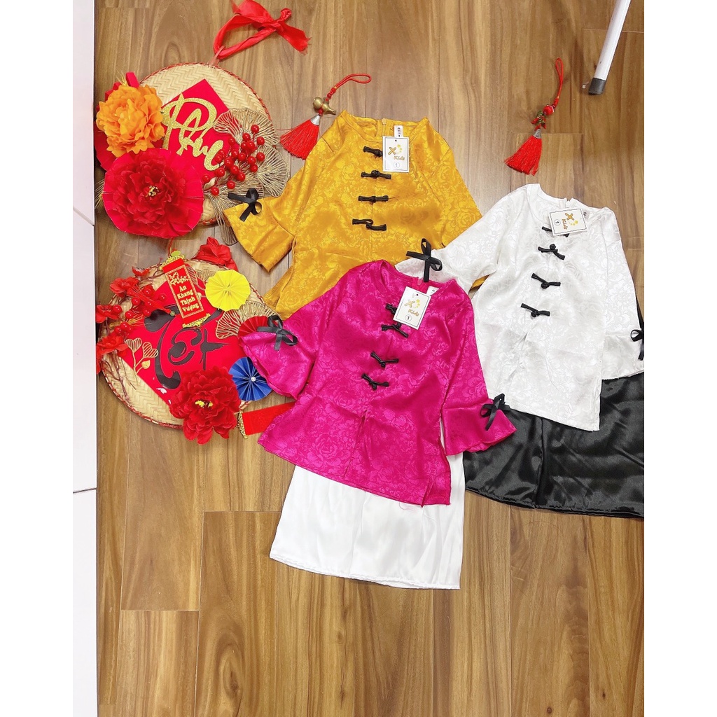 Bộ bà ba, bộ pháp phục đồ lam nơ đen đi chùa cho bé gái