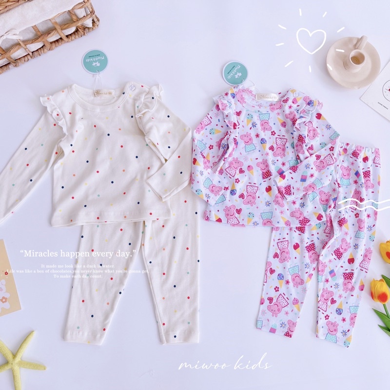 Đồ bộ tay dài bé gái bèo vai xuất Nhật Miwoo