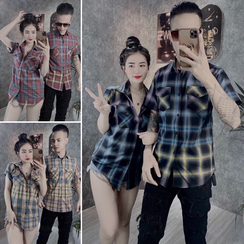 Áo sơ mi couple cặp đôi nam nữ tay ngắn sọc caro chất liệu cotton mềm mại không phai màu không xù lông