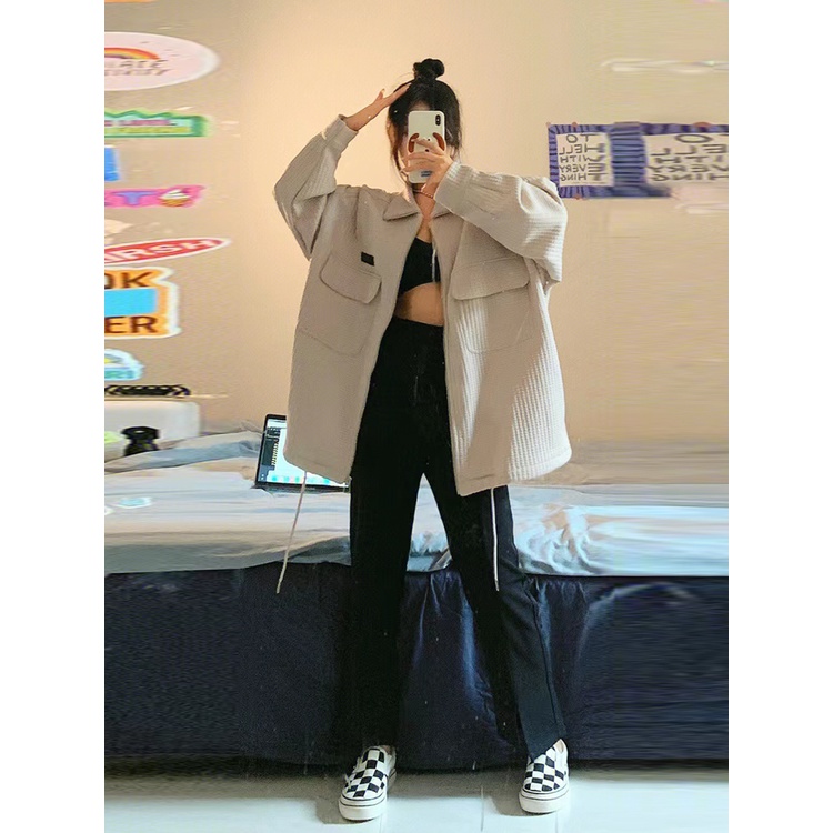 ZHELIHANGFEI Áo Khoác Dáng Rộng Phối Khóa Kéo Cá Tính Theo Phong Cách Thu Đông Hàn Quốc