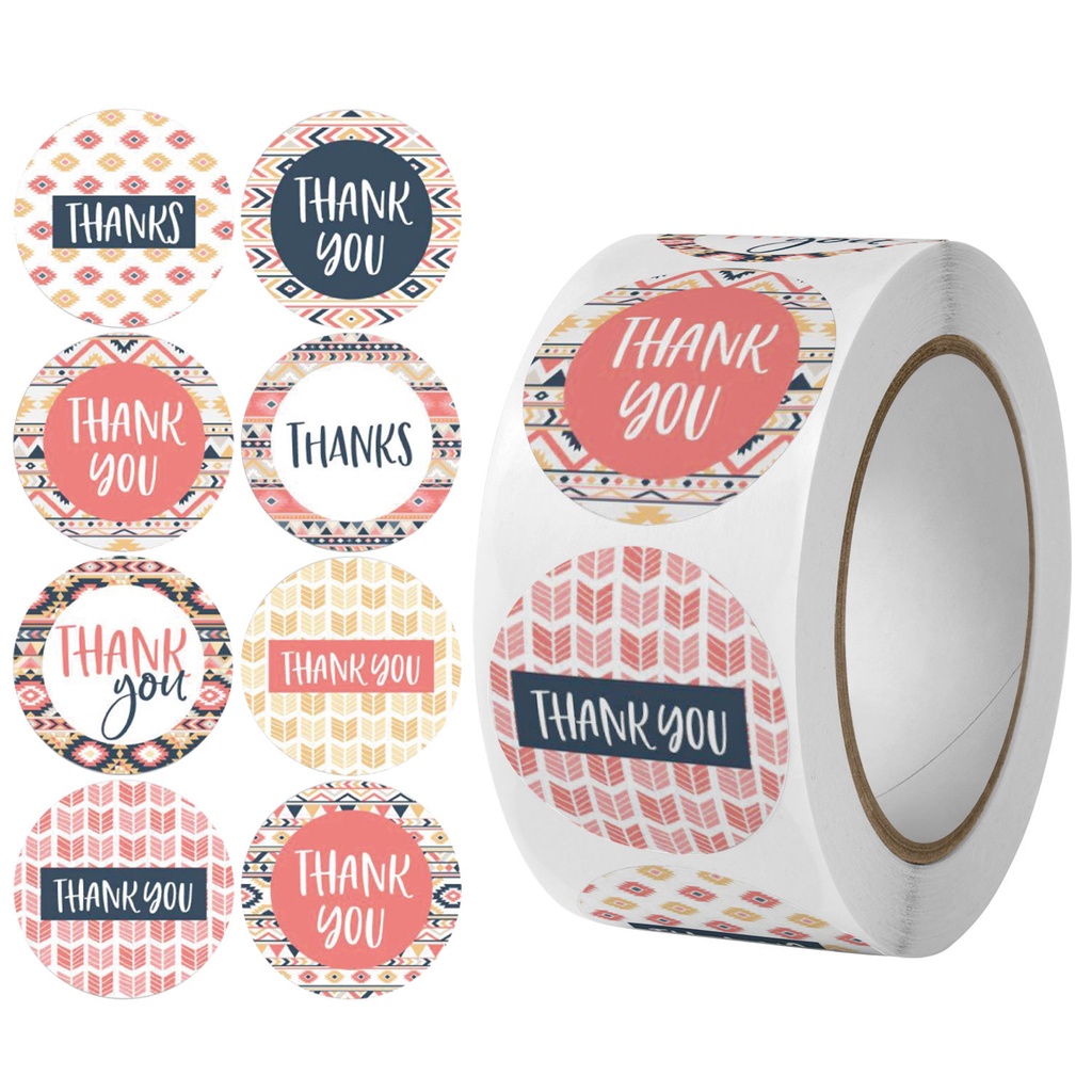 Cuộn 500 sticker thank you, nhãn dãn cảm ơn, tem thank you tròn họa tiết cute đáng yêu nhiều mẫu