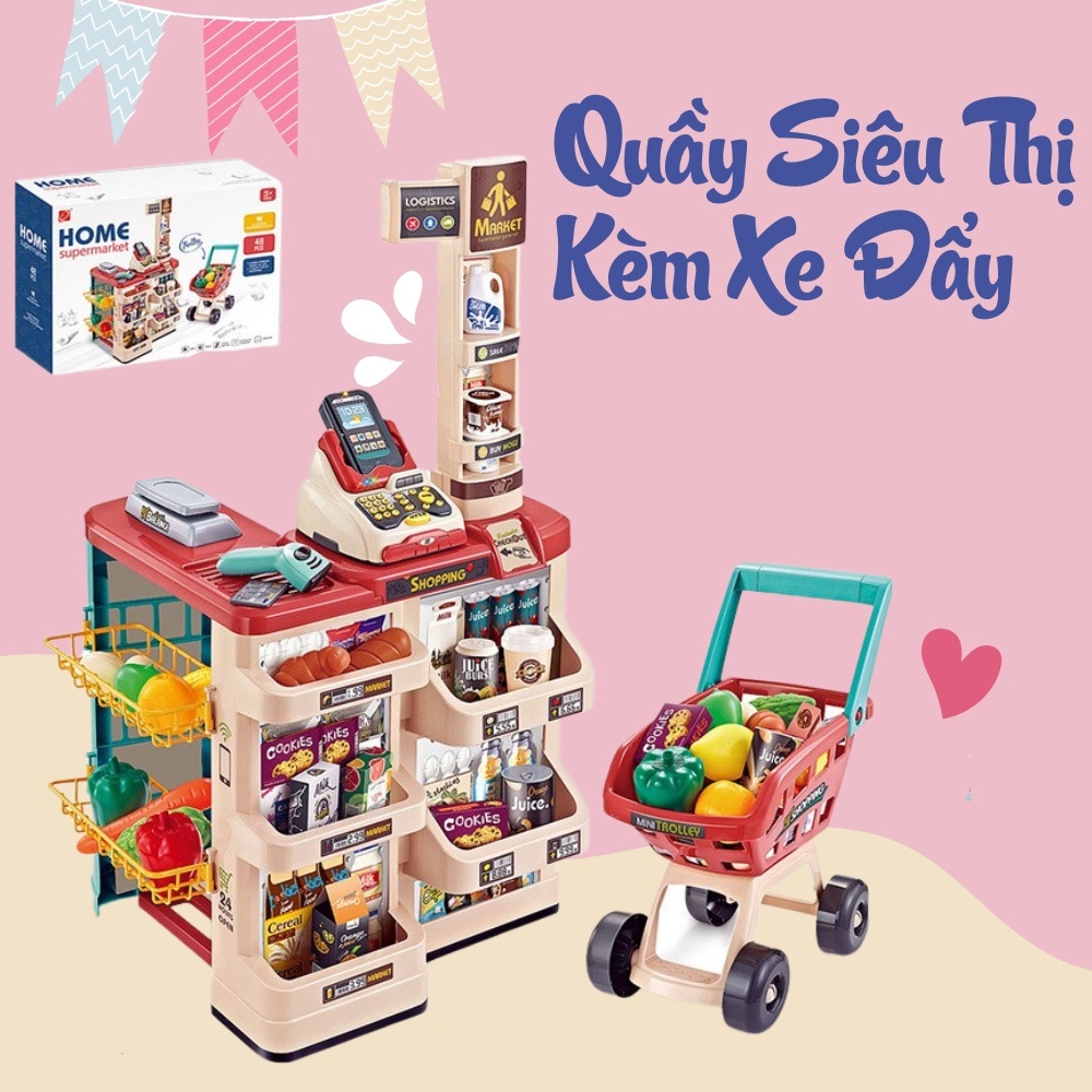 Bộ Đồ Chơi Quầy Siêu Thị Kèm Xe Đẩy Loại Lớn Kèm Âm Thanh Và Ánh Sáng Cho Bé, Đồ Chơi Bán Hàng Xe Đẩy 65chi Tiết Cho Bé