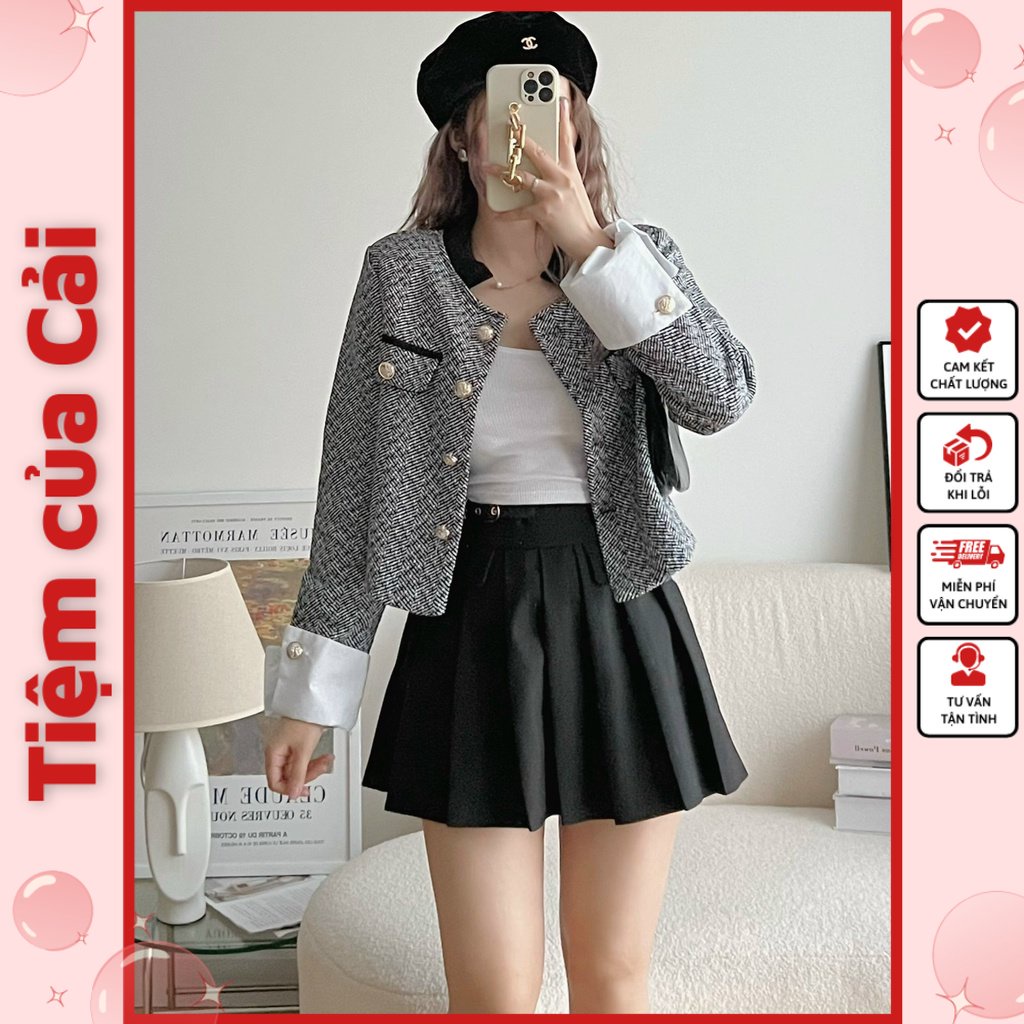 Áo Khoác Dạ Xương Cá Cho Nữ Cổ Tàu Viền Đen Tay Phối Sơ Mi 2 Lớp Phong Cách
