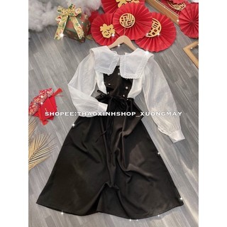 Đầm maxi đen phối trắng cột dây